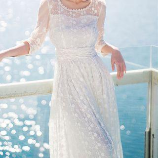3/4-sleeve Embroidered Long-sleeve Dress