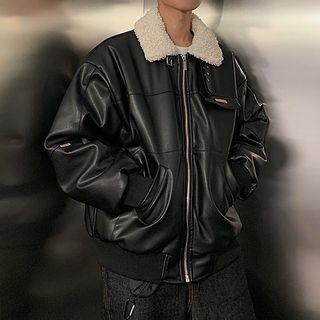 Fleece-collar Faux-leather Jacket