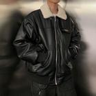 Fleece-collar Faux-leather Jacket