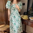 Puff-sleeve Floral Midi A-line Dress Green - One Size