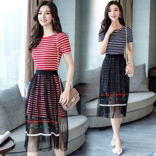 Set: Striped Short-sleeve Dress + Mesh Skirt
