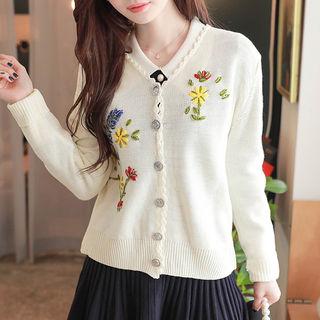 Scallop-edge Flower-embroidered Cardigan Ivory - One Size
