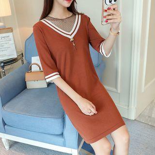 Mesh Panel Contrast-trim Sweater Dress