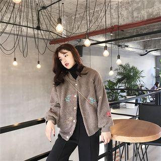 Flower Embroider Fleece Button Jacket