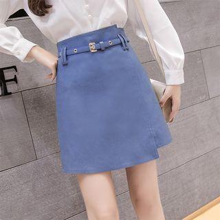 Asymmetric Hem Faux Leather Mini A-line Skirt With Belt