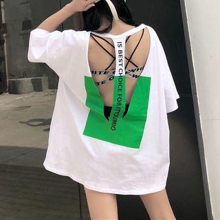 3/4-sleeve Lettering Cut-out Long T-shirt