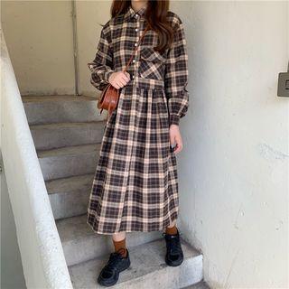Long-sleeve Plaid Dress Plaid - One Size