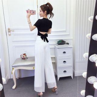 Short-sleeve Tie-back T-shirt / Chiffon Wide-leg Pants / Set