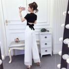 Short-sleeve Tie-back T-shirt / Chiffon Wide-leg Pants / Set