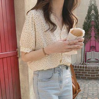 Short-sleeve V-neck Dotted Print Shirt