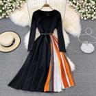 Long-sleeve Color Block Panel Midi A-line Dress