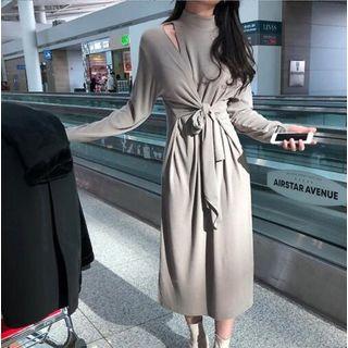 Mock Turtleneck Long-sleeve Midi A-line Dress Gray - One Size