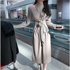 Mock Turtleneck Long-sleeve Midi A-line Dress Gray - One Size