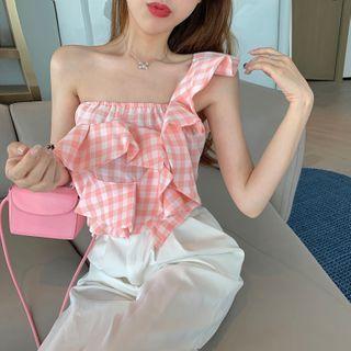 One-shoulder Gingham Tank Top