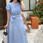 Puff-sleeve Plain Wrapped Dress Blue - One Size