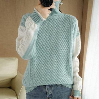High-neck Long-sleeve Color Block Cable Knit Sweater