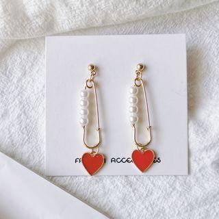 Heart Faux Pearl Safety Pin Dangle Earring