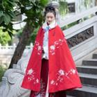 Floral Embroidered Hooded Cape With Faux-fur Collar - Red - One Size