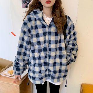 Plaid Faux Fur Zipped Jacket Blue - One Size