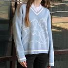 Long Sleeve V-neck Angel Print Contrast-trim Loose-fit Sweater