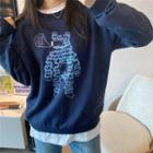 Embroidered Bear Long-sleeve Top Blue - One Size