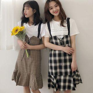 Lace Panel Plaid Jumper Dress