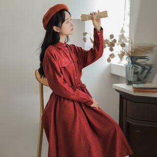 Drawstring Waist Corduroy Shirtdress