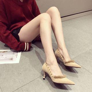 Studded Faux Fur Trim Pointy-toe Pumps