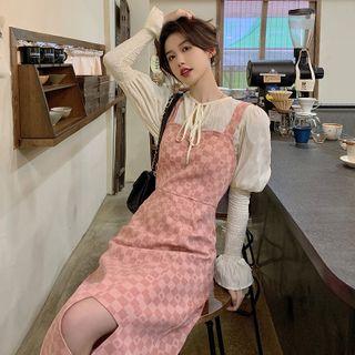 Spaghetti Strap Midi A-line Dress / Plain Blouse