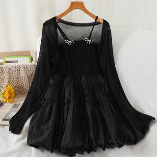 Set: Cardigan + Spaghetti Strap A-line Dress Cardigan - Black - One Size / Dress - Black - One Size