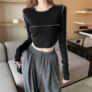 Round Neck Contrast Trim Panel Crop Top