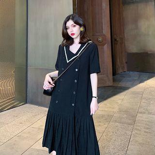 Sailor-collar Short-sleeve Pleated Dress Black - One Size