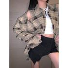 Long-sleeve Cold-shoulder Plaid Loose-fit Shirt Khaki - One Size