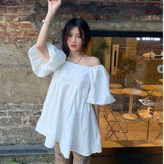 Puff-sleeve Off-shoulder A-line Mini Dress White - One Size