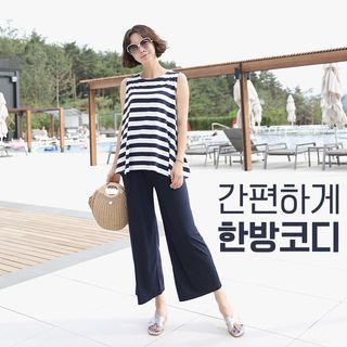 Set: Sleeveless Striped Top + Band-waist Wide-leg Pants