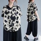 Elbow-sleeve Print Shirt Shirt - Black Pattern - White - One Size