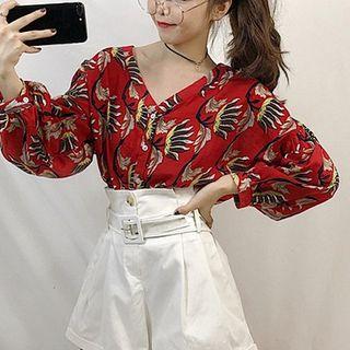 Picture Printed Long-sleeve Blouse/plain High-waist Wide-leg Shorts