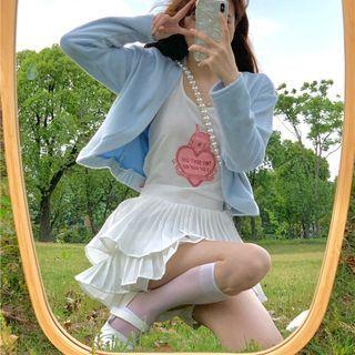 Cartoon Print Camisole Top / Open-front Cardigan / Tiered Mini A-line Skirt