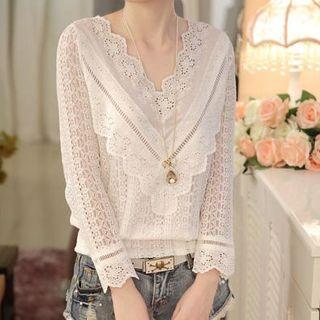 Long Sleeve V-neck Frilled Trim Lace Top
