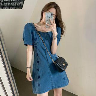 Short-sleeve Heart Embroidered Denim Mini A-line Dress