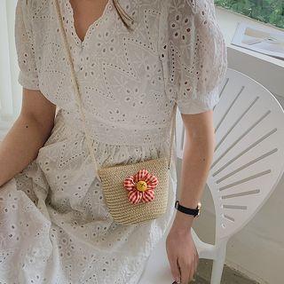 Flower Brooch Woven Crossbody Bag
