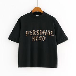 Short-sleeve Leopard Print Lettering T-shirt