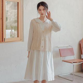 Frill Trim Collar Midi A-line Dress / Button Sweater Vest