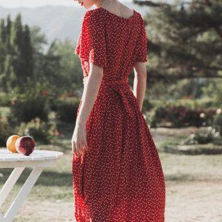 Heart Print V-neck Short-sleeve Midi A-line Dress