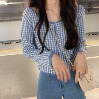Plaid Cardigan Light Blue - One Size