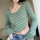 Long-sleeve Collar Striped Cropped T-shirt