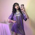 Elbow-sleeve Moon Print Oversized T-shirt Purple - One Size