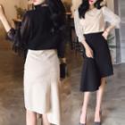 Set: 3/4-sleeve Sheer Blouse + Asymmetric A-line Skirt