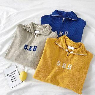 Lettering Zip Mock-neck Long-sleeve Sweater