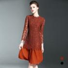 Long Sleeve Accordion Pleated Hem Lace Dress